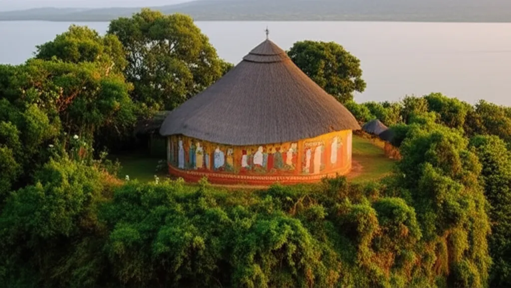 Ancient monastery on Lake Tana island with traditional round church