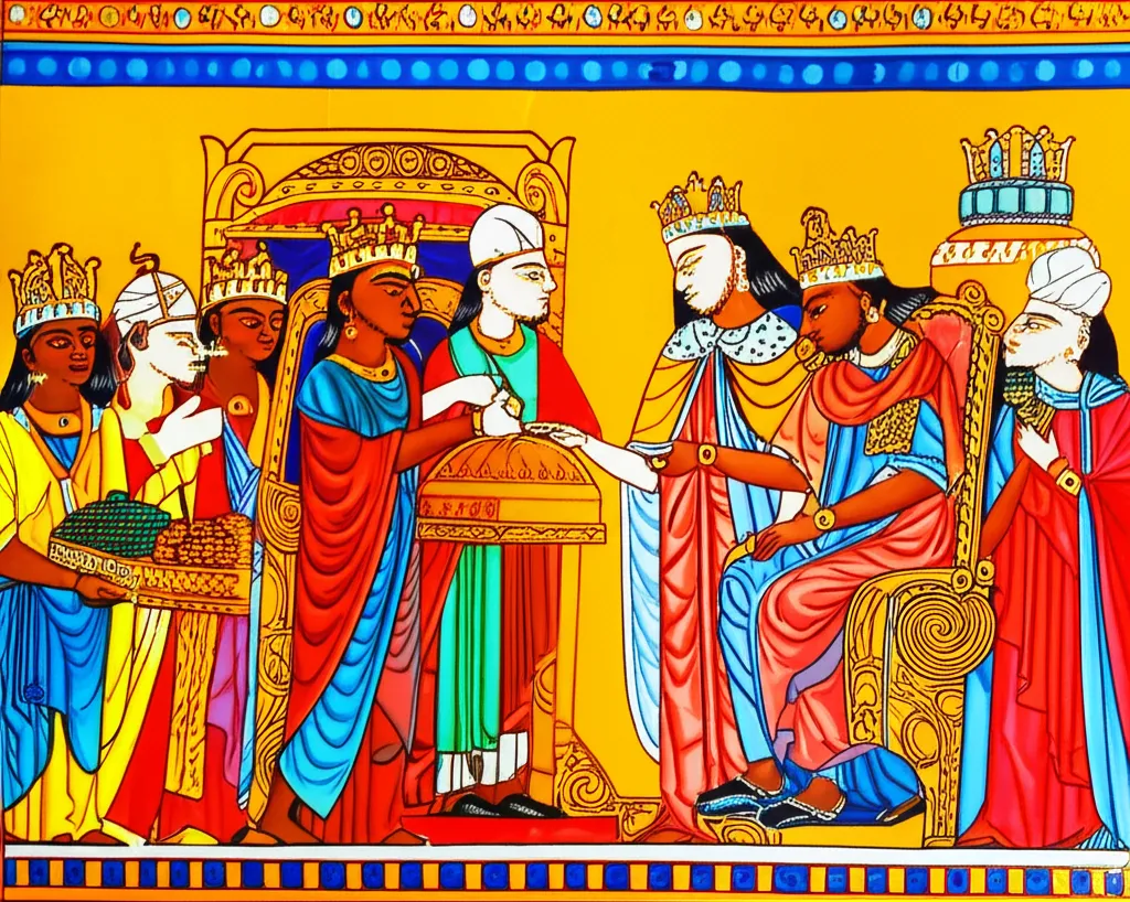 Queen of Sheba meeting King Solomon, Ethiopian manuscript illumination style