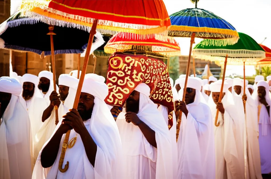 Ethiopian priests carrying the veiled tabot in solemn procession